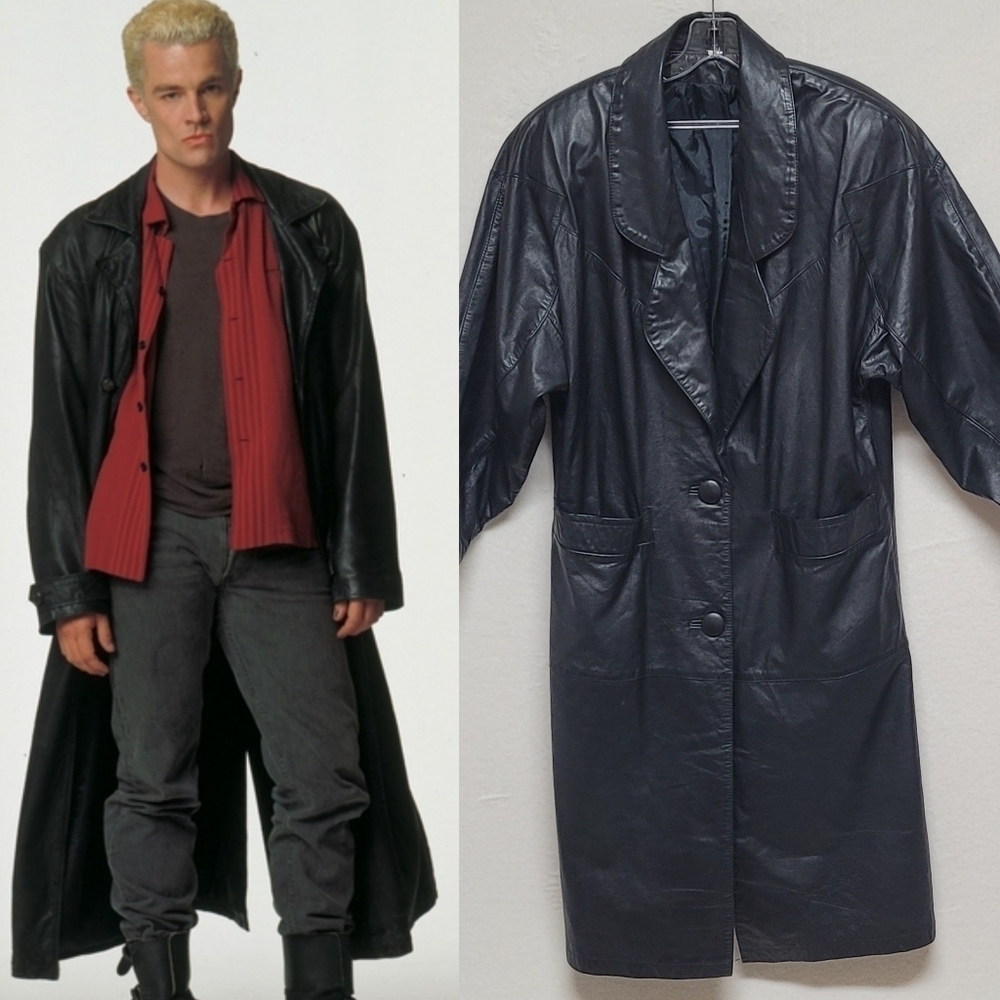 80s Vintage BKE Black Leather Longline Dolman Sleeve Oversized Trench Coat 7/8 - Picture 1 of 14